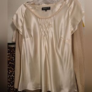 100% Silk Jones New York Collecion Cream Braided Detailed Small Blouse Top